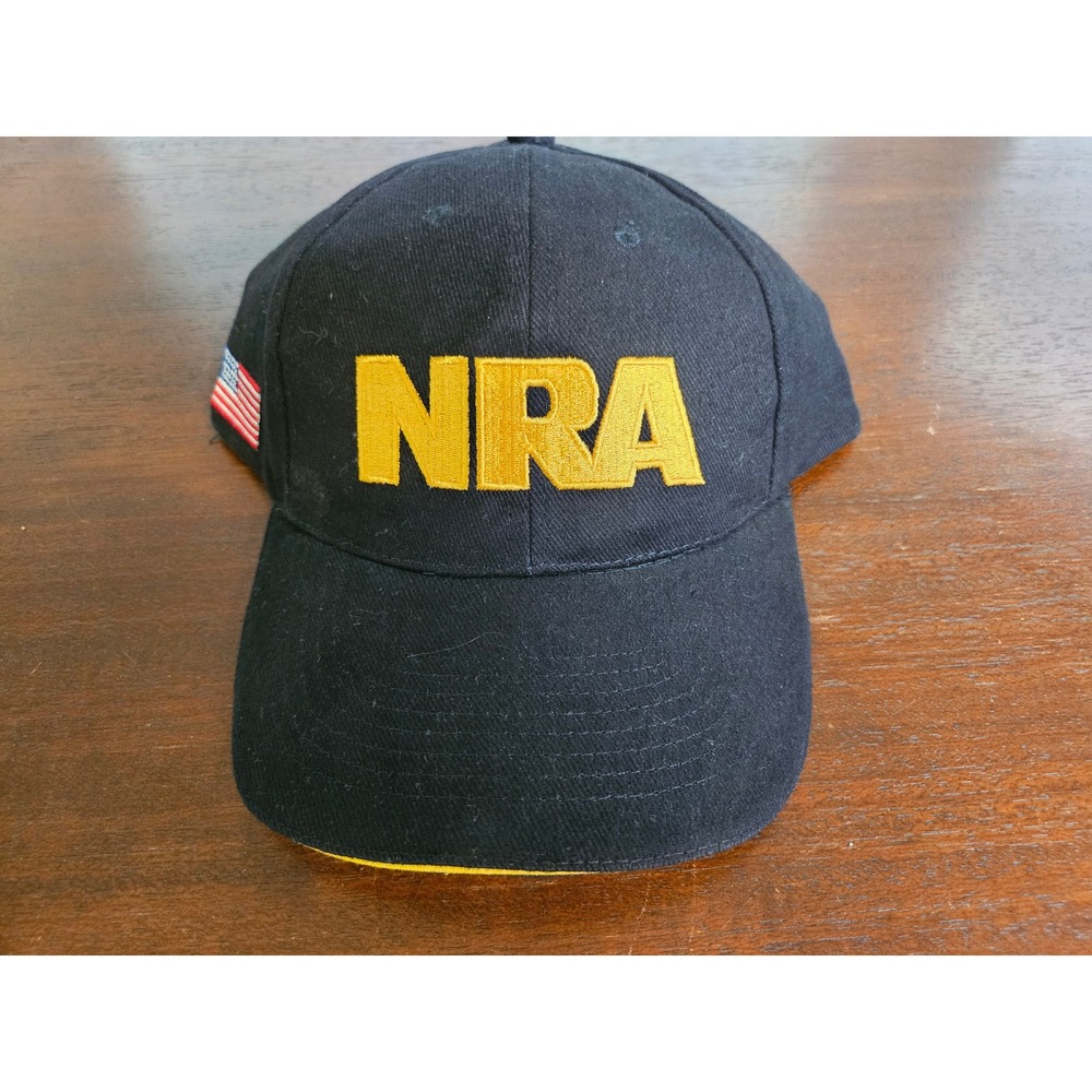 NRA Baseball Hat Men OSFM Black Yellow Embroidered USA Flag Hook Loop Strap